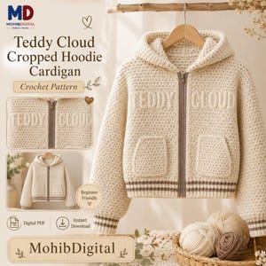 May include: A cream-colored crocheted cropped hoodie cardigan with a front zipper, two front pockets, and the text TEDDY CLOUD embroidered on the chest. The garment features brown striped detailing on the cuffs and hem, presented as a digital pattern.