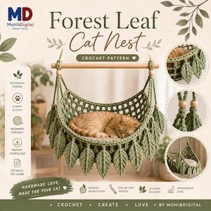 May include: A crochet pattern for a Forest Leaf Cat Nest featuring a hanging olive green hammock with leaf-shaped fringe and a wooden support bar. The design includes a grid-like structure, wooden beads, and text detailing instructions.