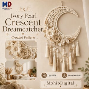 Padrão de crochê em PDF para pendurar lua na parede, apanhador de sonhos em forma de crescente marfim, decoração celestial boho para quarto de bebê, borlas de estrelas
