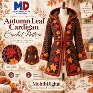 May include: A brown crochet cardigan featuring a hood and a tie waist, decorated with orange and red maple leaf appliques along the front edges and sleeves. The design includes a back view and text reading Autumn Leaf Cardigan Crochet Pattern.