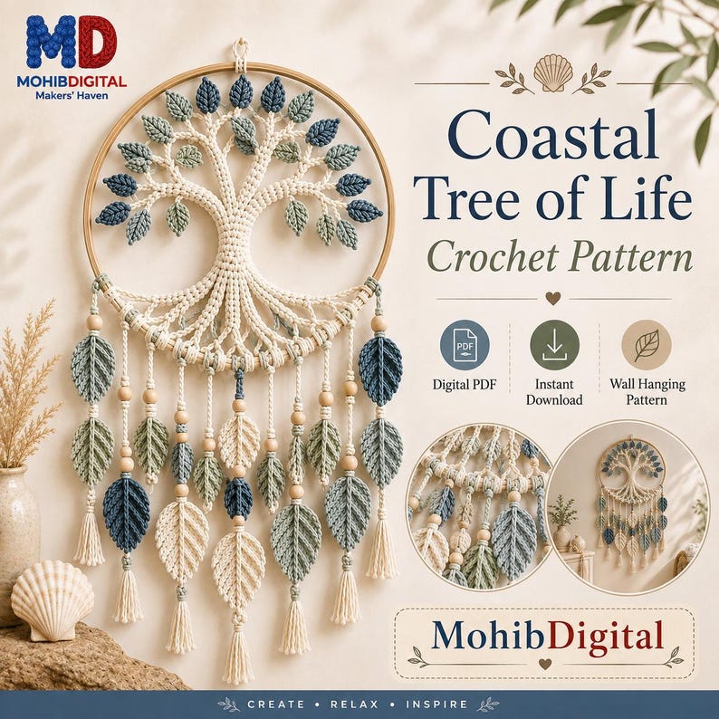 Hoop Cream Tree of Life Crochet Pattern, Coastal Wall Hanging PDF, Boho Hoop Wall ...