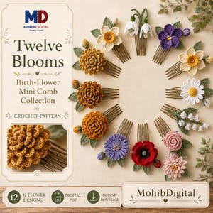 Twelve Blooms Birth-Flower Mini Comb Collection, Birth Flower Crochet Pattern Bundle, Floral Hair Accessory PDF