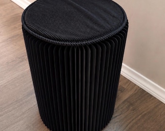 Tabouret pliable noir, pouf accordéon nordique, petite table d'appoint, pouf compact de salon