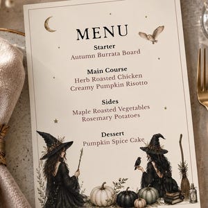 May include: A rectangular menu card with a cream background featuring the text MENU, Starter Autumn Burrata Board, Main Course Herb Roasted Chicken Creamy Pumpkin Risotto, Sides Maple Roasted Vegetables Rosemary Potatoes, and Dessert Pumpkin Spice Cake.