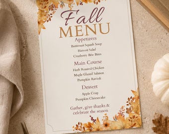 Fall Menu Template | Editable Autumn Dinner Menu | Printable Fall Party Menu | Canva Menu Sign | Instant Download