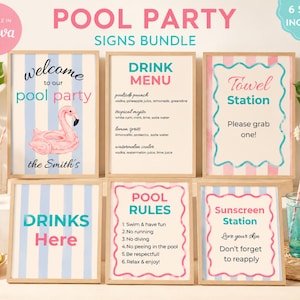 May include: A bundle of six rectangular pool party signs with light blue and pink striped or wavy borders. The signs feature text including Welcome to our pool party, Drink Menu, Towel Station, Drinks Here, Pool Rules, and Sunscreen Station.