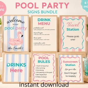 Redigerbart poolpartydekorpaket | Sommarfestskyltar, dryckesmeny, poolregler, välkomstskylt, Canva-mall