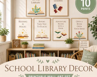 May include: A set of ten wall art prints featuring book-themed illustrations and quotes such as Welcome to the Library, Readers are Leaders, Reading is Magic, Books Take You to Places, Adventure Begins with a Book, and Open a Book Open Your Mind.