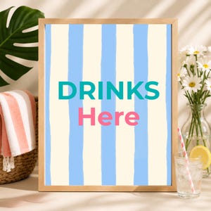 Utskrivbar skylt med drinkar här | Redigerbar skylt med drinkstation på canvas | Poolpartydekor | Barskylt med sommarfest | Direktnedladdning
