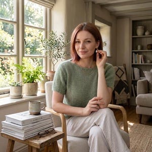 Puede incluir: Una persona con un suéter verde salvia de manga corta y pantalones claros está sentada en una silla. Una pila de libros y una taza están sobre un pequeño taburete de madera. La habitación tiene una ventana con plantas y una estantería.