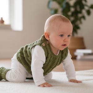 Puede incluir: Un chaleco de punto trenzado en color verde oliva con dos pequeños botones de madera en el hombro, usado sobre una camisa blanca de manga larga, combinado con patucos de punto a juego, creando un conjunto texturizado para un niño pequeño.