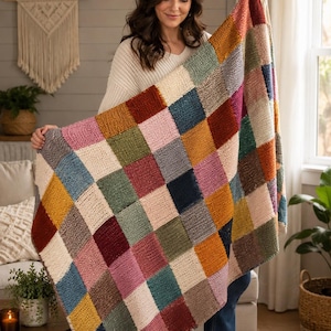 Entrelac Knit Blanket Pattern – Colorful Patchwork Style Throw, Textured Knitting Pattern PDF