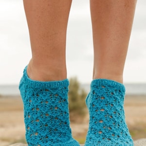 Puede incluir: Un par de calcetines de punto turquesa con un diseño calado. Los calcetines son visibles en los pies de una persona. Los calcetines tienen un patrón texturizado y de encaje y son de un tono azul vibrante.