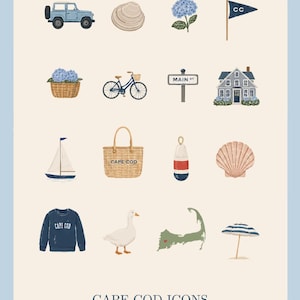 Cape Cod Clipart Set, Coastal New England PNG SVG Bundle, Nautical Beach Icons, Preppy Summer Sublimation PNG