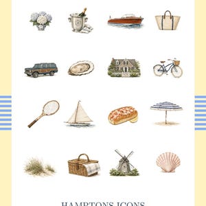 Puede incluir: Una colección digital de dieciséis ilustraciones estilo acuarela etiquetadas ABBY BUSH y HAMPTONS ICONS. Los iconos incluyen un ramo de hortensias, cubitera de champán, barco de madera, bolso, todoterreno, ostra, casa, bicicleta, raqueta de tenis, velero, bocadillo de langosta, sombrilla de playa, hierba de duna, cesta de picnic, molino y concha.