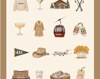 Iconos de Aspen, imágenes prediseñadas ilustradas dibujadas a mano en formato PNG y SVG, ilustraciones de vacaciones de invierno en estaciones de esquí, plantilla de Canva, imágenes prediseñadas de las montañas de Colorado.