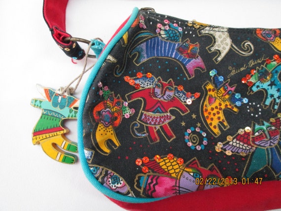 Items similar to Laurel Burch cat motif colorful handbag on Etsy