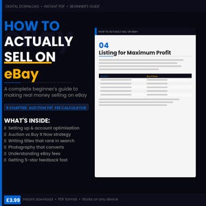 May include: A digital download guide titled "How to Actually Sell on eBay." The cover features bold white and blue text, with a section on listing for maximum profit. The guide covers topics like account optimization and eBay fees.