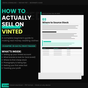 Könnte beinhalten: Ein digitaler Leitfaden mit dem Titel „How to Actually Sell on Vinted“. Das Cover ist schwarz mit weißem und türkisfarbenem Text. Der Leitfaden enthält Kapitel zur Kontoeinrichtung, zur Suche nach Lagerbeständen und zur Gewinnverfolgung. Eine Seite zeigt eine Tabelle mit den Spalten „Marke“, „Beste Artikel“ und „Preis“.