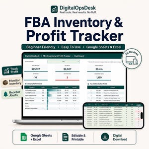 May include: A digital FBA Inventory & Profit Tracker dashboard displayed on a laptop and smartphone screen. The interface shows financial data, category performance, and SKU lists. Text includes DigitalOpsDesk, Real tools. Real results. No fluff.