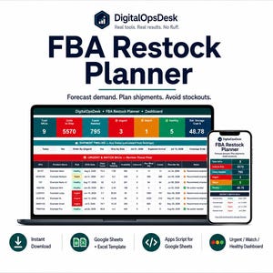 May include: A digital FBA Restock Planner dashboard displayed on a laptop screen and a smartphone. The interface features data tables with columns for SKU, product name, stock status, and shipment timelines, using color-coded metrics for inventory management.