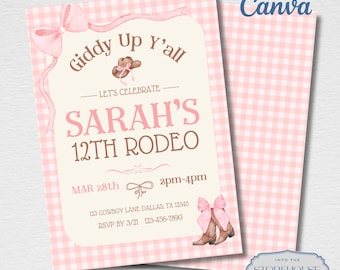Pink Gingham Cowgirl Birthday Invitation | Editable Canva Template (Digital Download)
