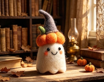 Adopt a Ghost, Handmade Felt Halloween Ghost Pumpkin with Wizard Hat, Autumn Pumpkin Decor, Halloween Decor, Nursery Decor, Gift for Kids