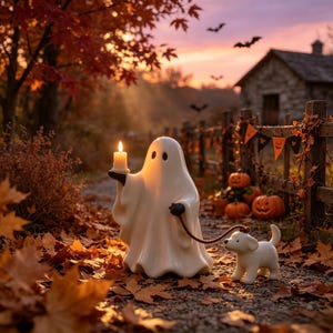 Op de afbeelding: Een wit keramieken spookfiguur dat een brandende kaars in de ene hand houdt en een riem vasthoudt die verbonden is met een klein wit puppyfiguur. Het spook en de puppy staan op een pad vol herfstbladeren bij een hek en pompoenen.