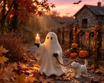 Resin Ghost Figurine with Dog, Kawaii Halloween Desk Decor, No Candle Included