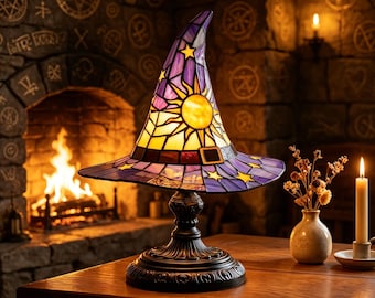 Stained-Glass-Style Witch Hat Table Lamp | Gothic Sun and Moon Desk Light | Vintage Bohemian Witchy Decor Ornament | Halloween gifts