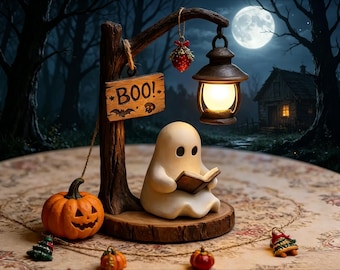 Halloween Ghost Reading Night Light | Cute Bookshelf Figurine | Handmade Ghost Lamp | Halloween gifts