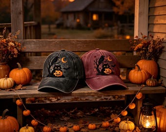 Gorra de algodón lavado con bordado de gato negro – Gorro estilo Halloween, gorro divertido para pedir dulces