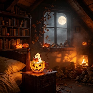 May include: A glowing jack-o'-lantern mug lamp sits on a wooden nightstand, featuring a small white ghost figure reading a book inside. The scene is set in a dimly lit room with a bookshelf, a fireplace, and a window showing a full moon.