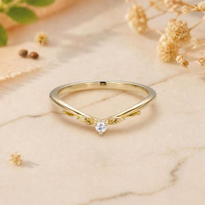 Delicate Leaf Moissanite Ring 14K Solid Yellow Gold 2mm Round Solitaire Chevron Nature Inspired Dainty Stacking Nesting Wedding Bridal Ring