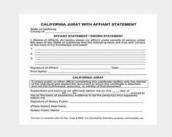 California Jurat with Affiant Statement Template (CA Gov Code § 8202) (PDF)