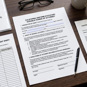 May include: A collection of legal documents including a California Uniform Statutory Durable Power of Attorney form, a Legal Springing Asset Management Sheet, and a California All-Purpose Acknowledgment form, accompanied by a black pen and glasses.
