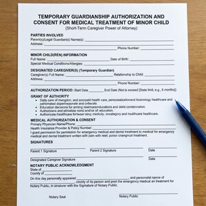 Puede incluir: Un documento blanco titulado Temporary Guardianship Authorization and Consent for Medical Treatment of Minor Child con líneas en blanco para información, incluyendo secciones para partes, menor, cuidador y firmas, junto a un bolígrafo azul.