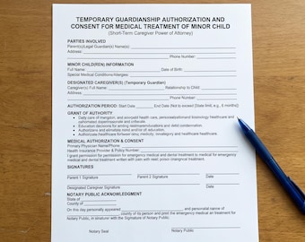 Temporary Child Guardianship POA Contract, Healthcare Authorization (PDF Word)