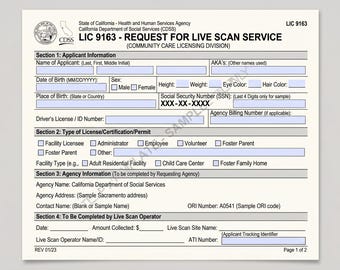 California Live Scan Request Form LIC 9163 (Digital Download)
