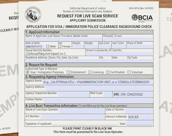 California Live Scan Request Form (Visa/Immigration), BCIA 8016 (PDF Word)
