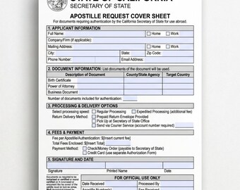 California Apostille Request Cover Sheet, LA Secretary of State Form (Digital Download)