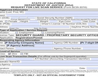 California Live Scan Request Form, Security Guard BCIA 8016 (Digital Download)