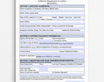 California Live Scan Request Form (Insurance License BCIA 8016) (Digital Download)