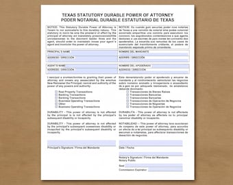 Texas Statutory Durable Power of Attorney, Bilingual Financial POA (Word/PDF)