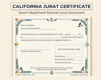California Jurat Certificate Template, CA Notary Sworn Statement (PDF Word)