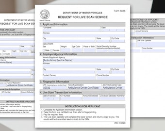 California DMV Live Scan Request Form (DMV 8016) (Digital Download)