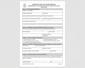 California Pawnbroker Live Scan Form BCIA 8016 (Digital Download)