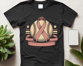 Camiseta rosa de beisebol para conscientização sobre o câncer de mama, com estampa de laço de apoio. Unissex.