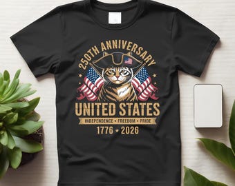 Camiseta con la bandera de EE. UU. del 250 aniversario del gato patriótico, camiseta gráfica de la bandera estadounidense del 4 de julio.