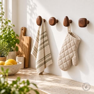 Wooden Wall Hooks Set of 4 | Walnut Pebble Coat Hook Set | Scandinavian Entryway Hooks | Modern Bathroom Towel Hook | Minimalist Knobs Decor